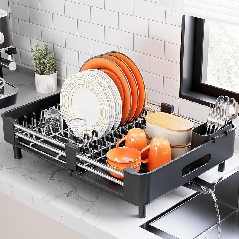Urackify Stainless Steel Dish Drying Rack - Dish Drainer for Kitchen Counter, Extendable Drainboard with Foldable, Space-Saving Cup & Bowl Organizer, Includes Knife and Utensil Holder, Black - Image 1